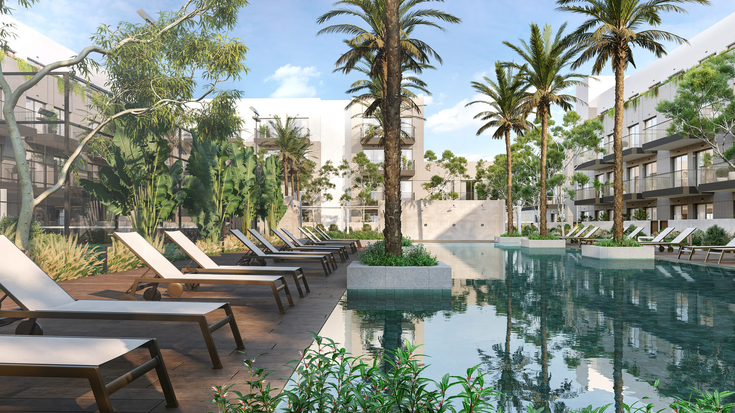 Leisure and lap pool with cabanas and sun loungers